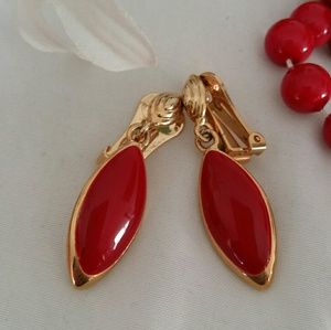 Gold-tone and Red Clip Earrings